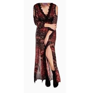 Line & Dot Black Rust Aztec Lace Trim Slit Maxi Cold Shoulder Long Sleeve M
